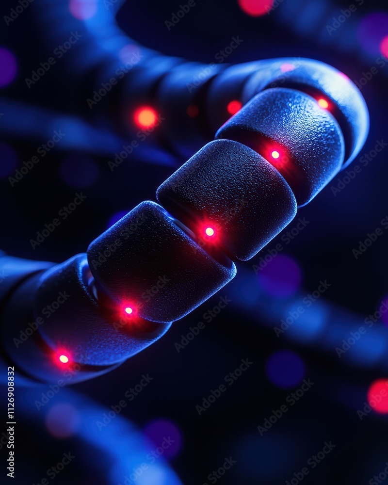 Poster a close-up of a robotic arm segment adorned with glowing red lights, set against a dark, abstract ba