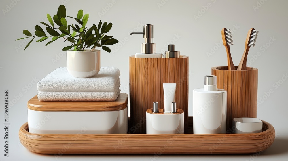 Poster organized bathroom essentials modern home product display minimalist design top view functional aest