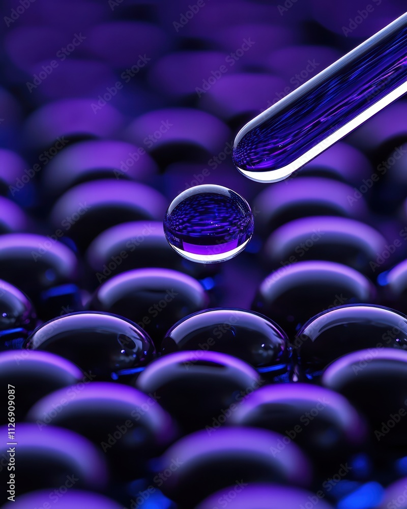 Poster a close-up of a pipette dropping a purple liquid onto a surface of shiny, spherical droplets, creati