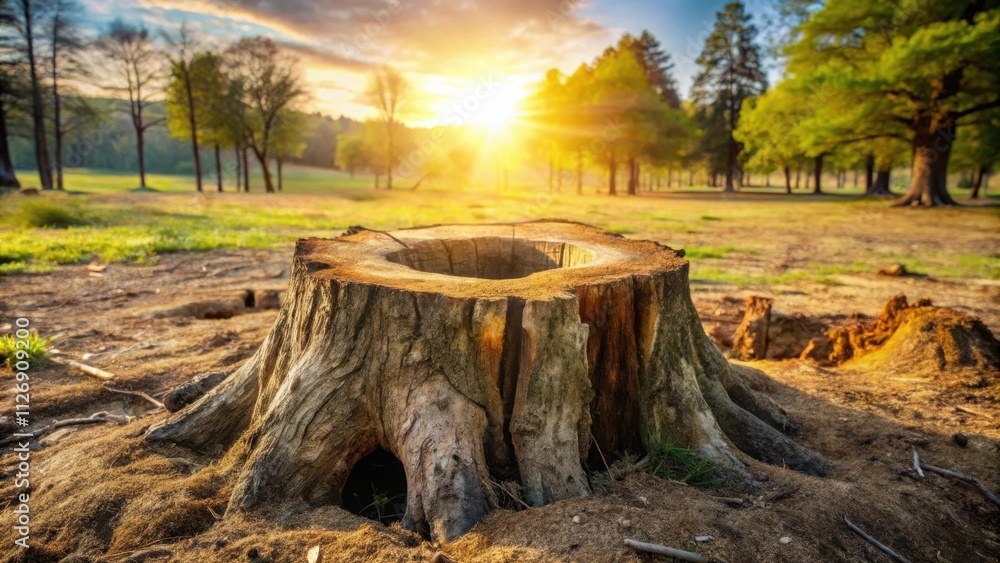 Poster a weathered tree stump with a sunlit forest backdrop, a testament to the passage of time and the end