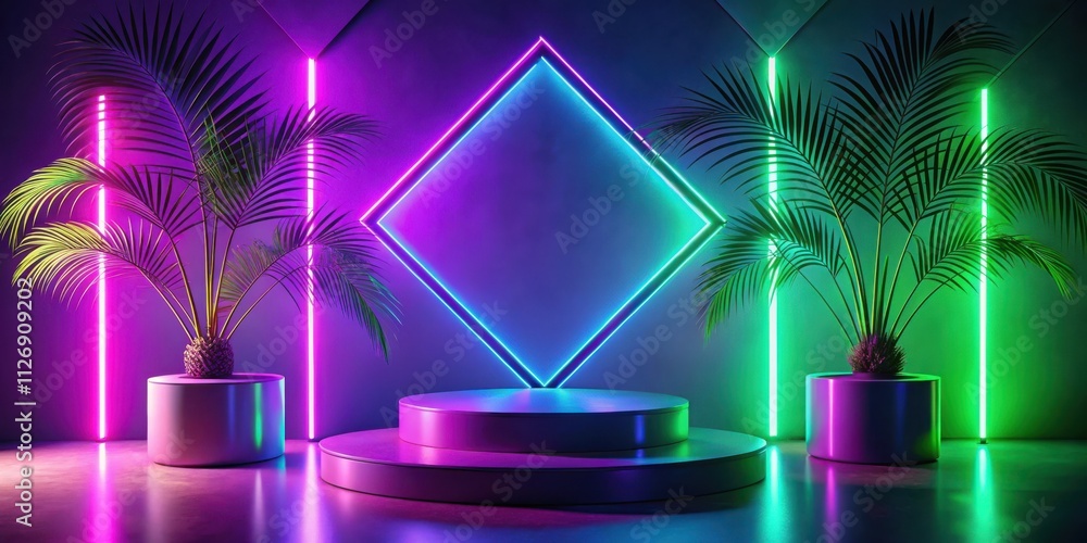 Poster a vibrant and futuristic studio set with a two-tiered podium bathed in the glow of colorful neon lig
