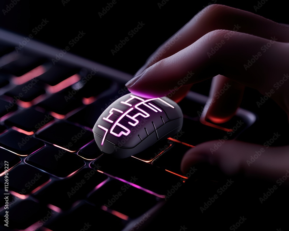 Poster a close-up of a hand using a futuristic, illuminated mouse on a colorful keyboard, showcasing modern