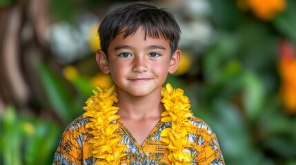 A young boy wearing a yellow lei stands in front of a green background. He has a smile on his face and he is happy