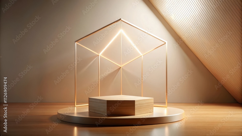 Poster a minimalist product display featuring a hexagonal wooden platform, a geometric golden frame, and wa