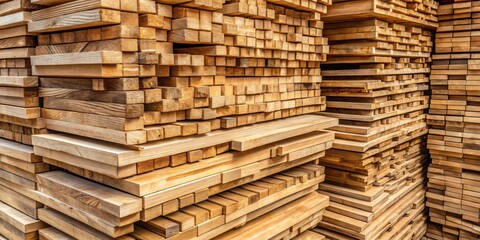 Fototapeta premium Neatly Stacked Wooden Planks in a Lumber Yard, Displaying a Geometric Pattern of Natural Grain and Texture