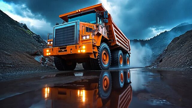 Heavy duty orange dump truck parked on a reflective surface in a cloudy quarry landscape