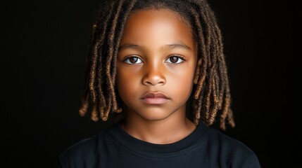 A young boy with dreadlocks stares at the camera. The image has a moody and somewhat mysterious feel to it, as the boy's expression is intense and his hair is unkempt