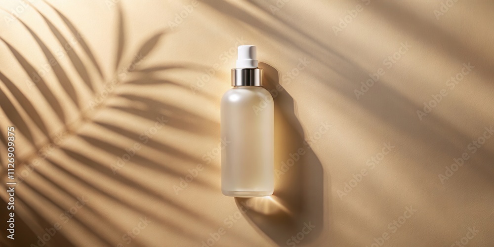 Poster a single spray bottle on a beige backdrop with a palm leaf shadow in the background, showcasing the 