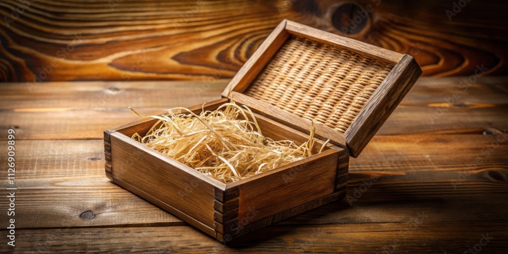 Poster a rustic wooden box with a woven lid, partially open and filled with soft, golden straw, resting on 
