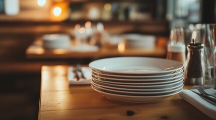 Close-up of a neat stack of clean plates on a table, creating a sense of order and readiness in the dining area, awaiting their next use in a well-organized setting.