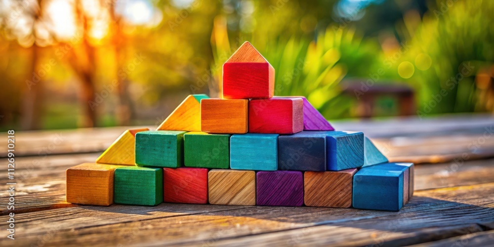 Poster colorful wooden blocks arranged in a pyramid shape on a wooden surface with a blurred background of 