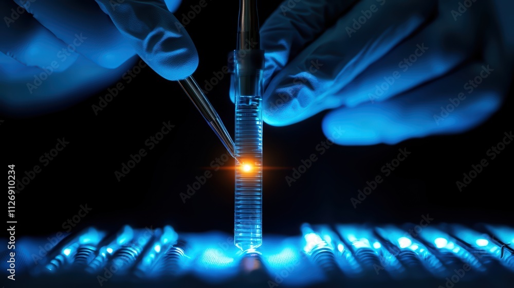 Poster a close-up of gloved hands manipulating a test tube with a glowing effect in a lab setting, highligh