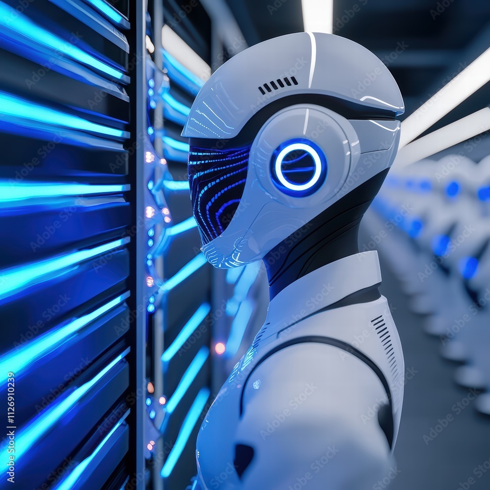 Poster a futuristic robot stands beside glowing blue data servers, representing advanced technology and art