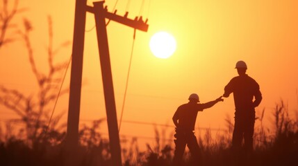 Silhouette of Two Workers at Sunset Near Power Lines in Rural Landscape