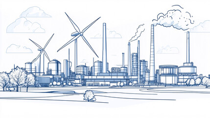 Industrial line drawing of a factory producing wind turbines, focusing on green energy manufacturing. 