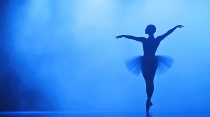 Fototapeta premium Elegant Ballerina Silhouette in Blue Fog Lighting on Stage Performance