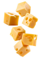 Six mouthwatering cheese cubes cascading on a clear backdrop, ideal for food and dairy themed designs