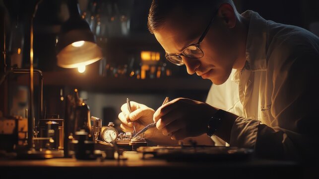 A Skilled Watchmaker Carefully Works on a Timepiece Under Warm Light, Showcasing Precision and Craftsmanship in a Vintage Workshop Environment