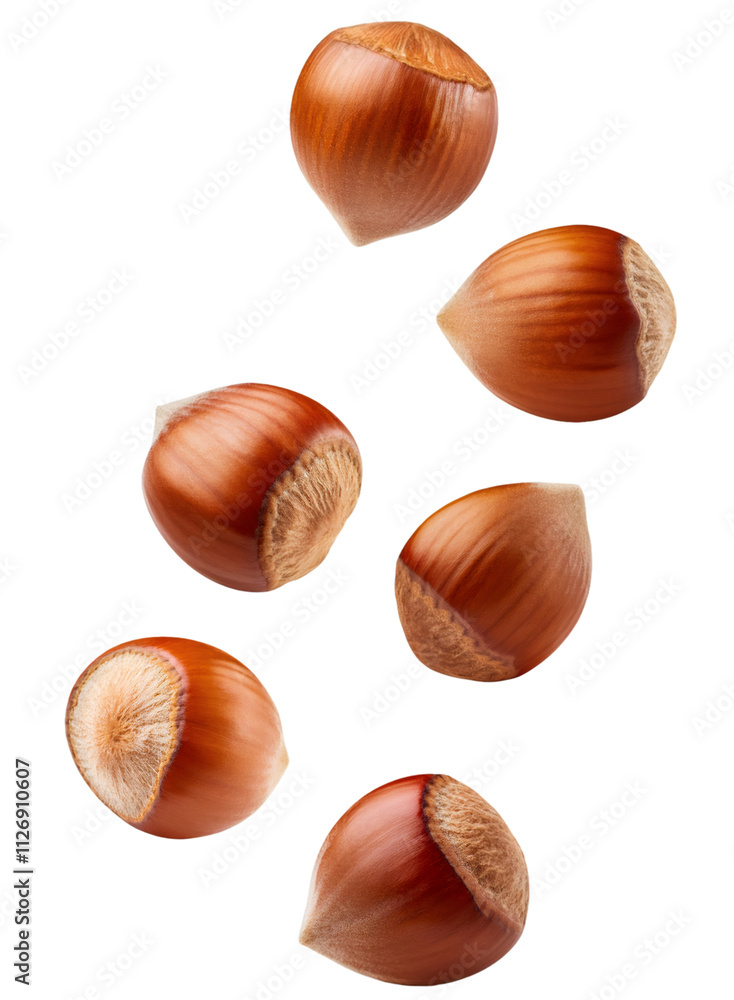 Poster six hazelnuts cascading in front of a clear backdrop, ideal for culinary and drink concepts