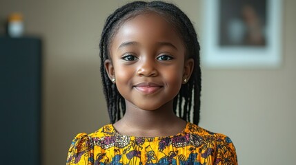 A young girl with long hair and a yellow dress is smiling. She is wearing earrings and a necklace