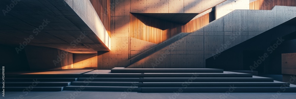 Poster a modern architectural space featuring angular shapes, concrete textures, and warm lighting, creatin