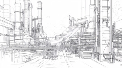 Obraz premium Industrial line drawing of a steel factory with molten metal pouring from furnaces, symbolizing heavy industry. 