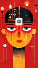 A modern illustration showcases migraine relief technology with a stylized female figure against a bold red background, highlighting various innovative devices