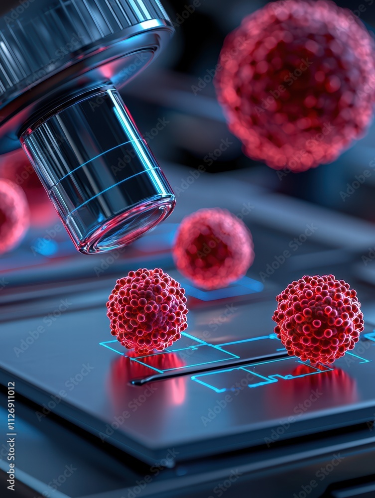 Poster a close-up of a microscope observing red cells or particles on a modern digital platform, highlighti