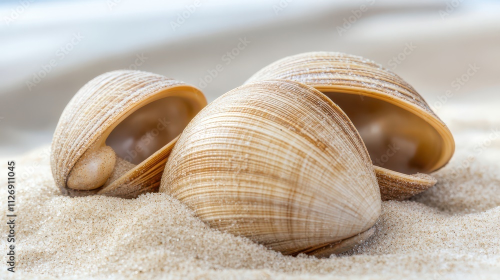 Poster close-up of beautiful sea shells and sand on a beach during daylight with gentle ocean background an