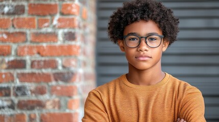 A young man with glasses and a brown shirt is standing in front of a brick wall. He is looking directly at the camera with a serious expression on his face