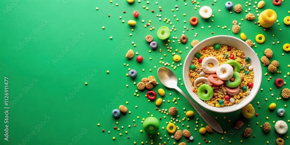 Poster a bowl of breakfast cereal with colorful candies and sprinkles scattered around it on a green backgr