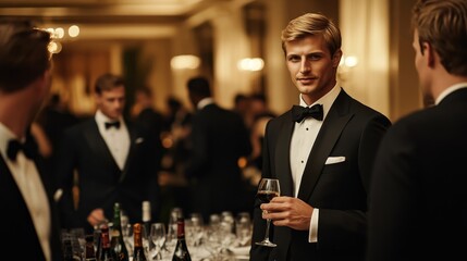 Elegant Men in Tuxedos at Black-Tie Event in Luxury Setting
