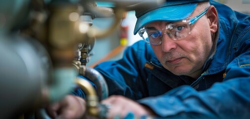 A focused worker inspects machinery, wearing safety glasses and a cap, demonstrating attention to detail in a mechanical environment.