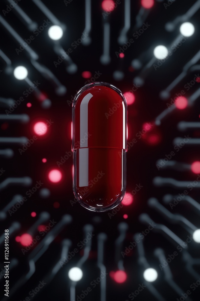Poster a glossy red capsule is centered against a background of glowing circuits, blending themes of medici