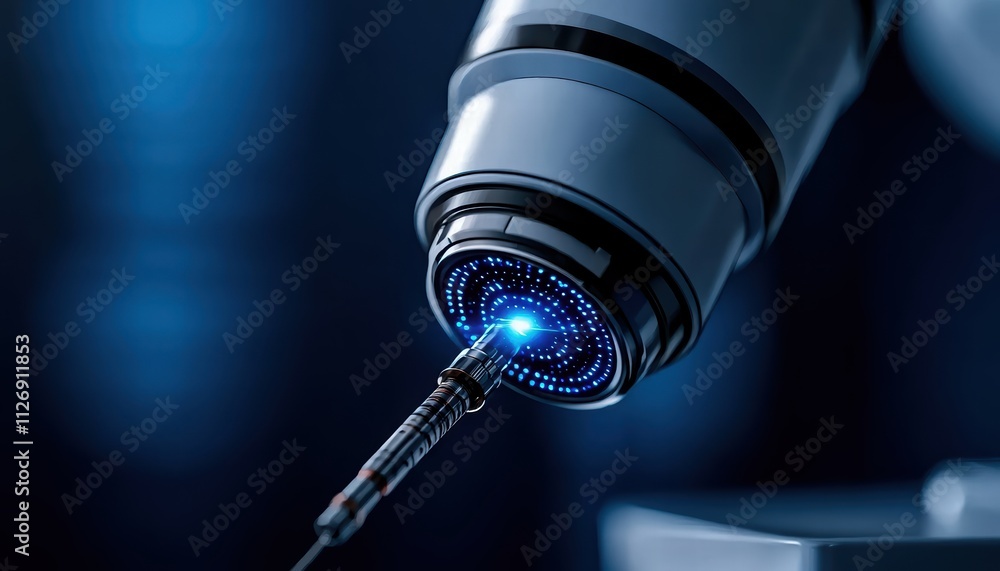 Poster a futuristic robotic arm with a blue-lit end effector, suggesting advanced technology and precision 