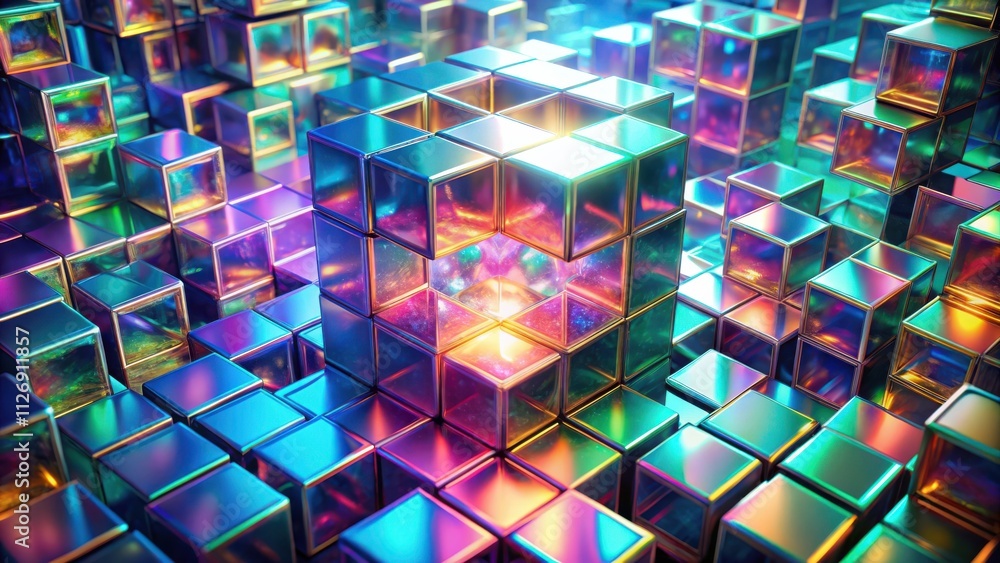 Poster a vibrant field of iridescent cubes, a central cluster revealing a mesmerizing cosmic glow, capturin