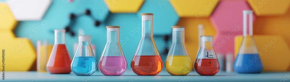 Aufkleber a vibrant display of colored laboratory flasks arranged on a table, set against a geometric backgrou