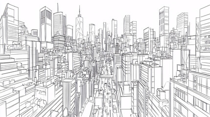 Fototapeta premium Line drawing of a bustling cityscape with towering skyscrapers and busy streets, representing urban development and modern architecture. 