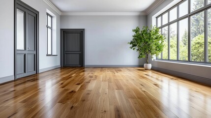 Fototapeta premium Spacious and Modern Empty Room with Large Windows, Wooden Floor, and Indoor Plant in Minimalist Design Perfect for Home Staging or Interior Design Projects