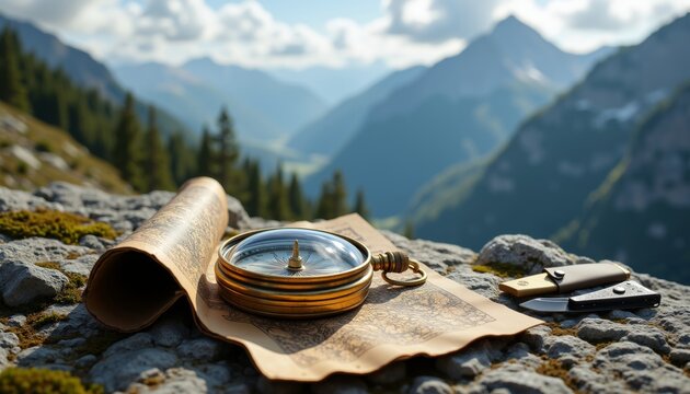 Vintage Compass and Pocket Knife on Textured Rock in Scenic Mountain Landscape