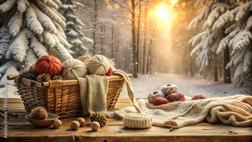 Poster winter wonderland crafting scene a wicker basket filled with yarn balls rests on a rustic wooden tab