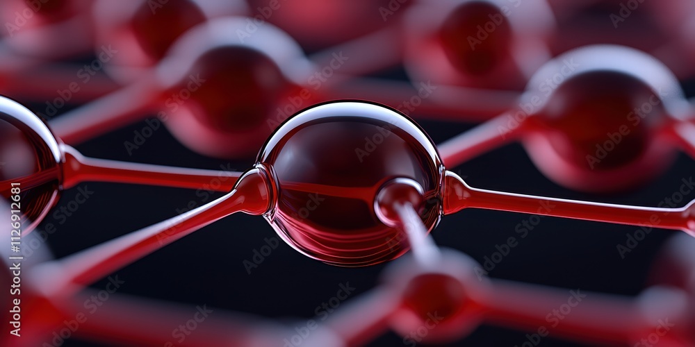 Poster a close-up view of interconnected red spheres representing atomic structures, highlighting molecular