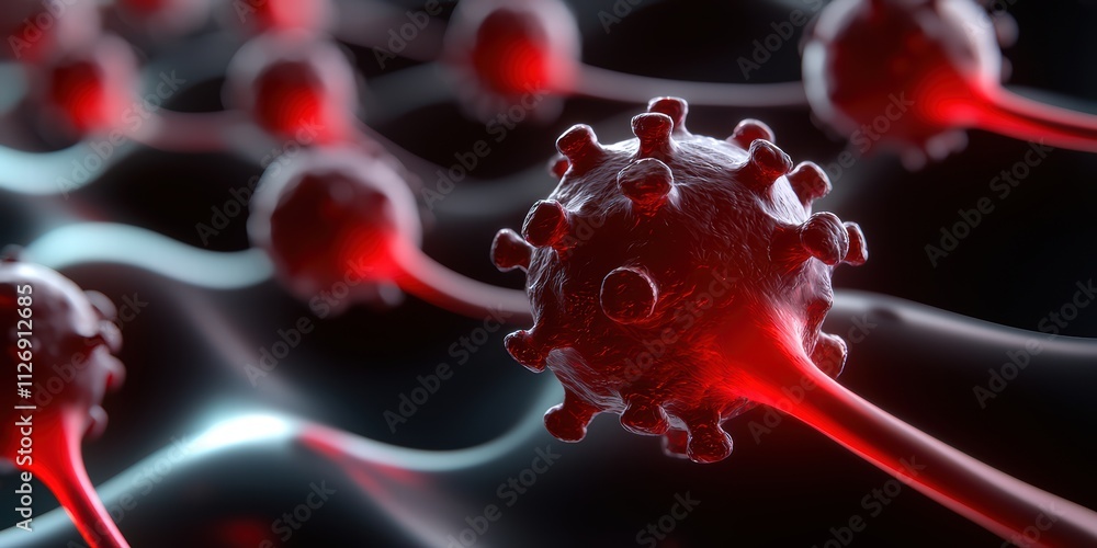 Poster a close-up of red virus-like particles connected by strands, illustrating the microscopic world of p