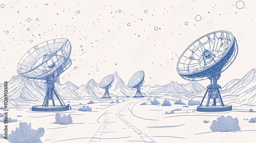 Wall mural line drawing of a futuristic satellite dish array in a desert landscape, representing global communi