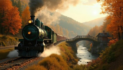 Vintage Steam Locomotive Chugging Through Autumn Landscape