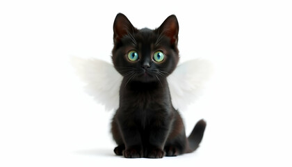 A black cat with white angel wings whimsical image black cat white angel wings in a white background,
