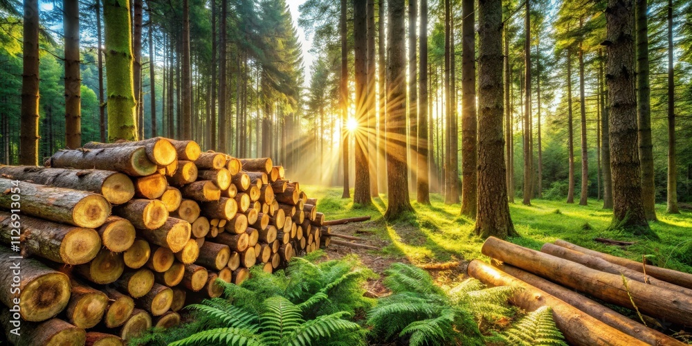 Poster Golden Rays of Sunlight Pierce Through a Dense Forest, Illuminating a Stack of Cut Logs and Lush Greenery