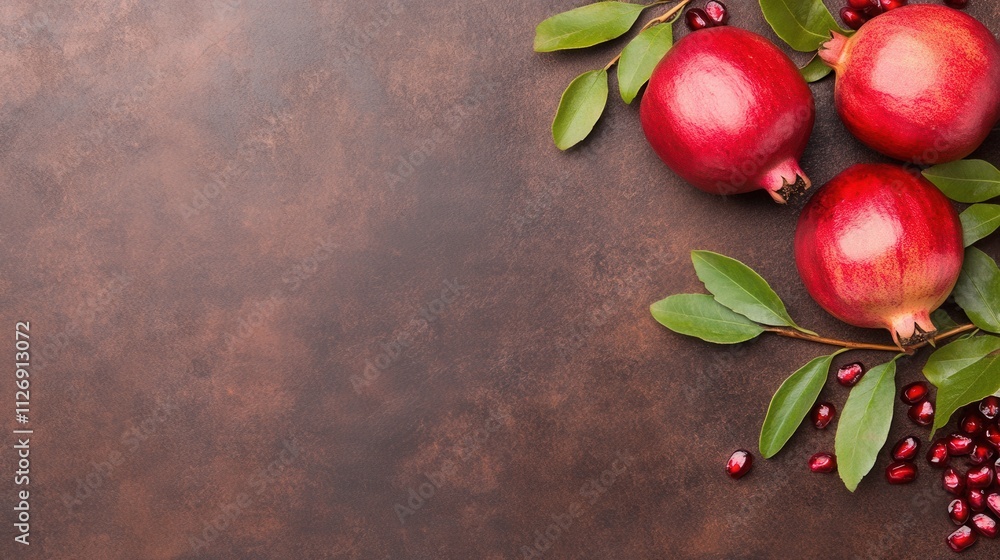Poster fresh pomegranates with leaves on a rustic background for culinary use