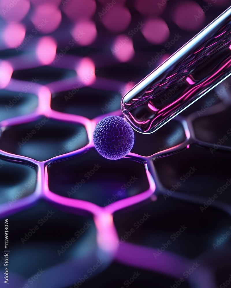 Aufkleber a close-up of a pipette delivering a tiny droplet onto a hexagonal patterned surface, illuminated wi