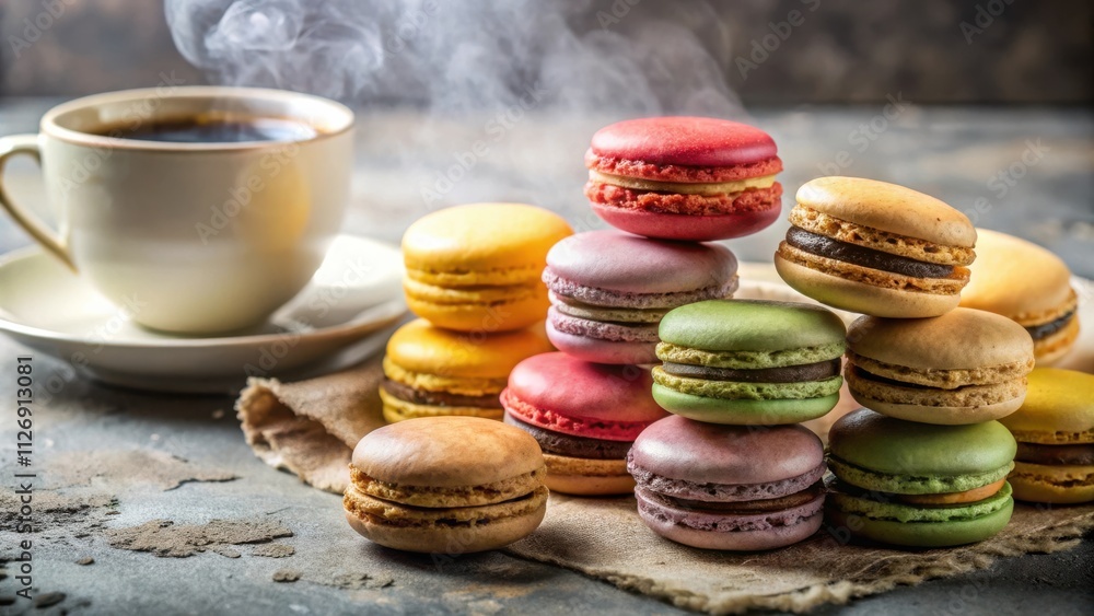 Poster a cup of steaming coffee alongside a delightful assortment of colorful macarons, offering a perfect 